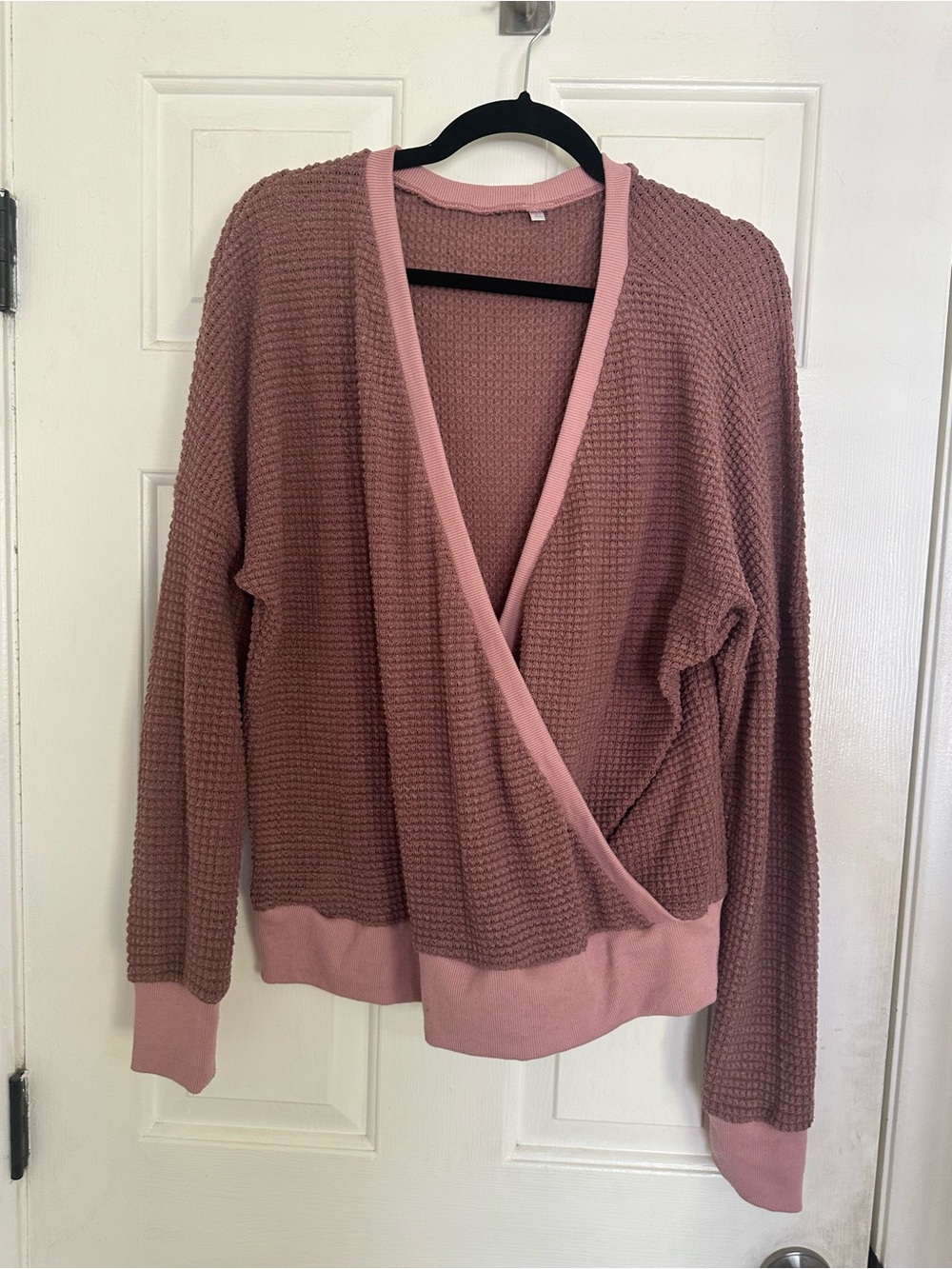 Waffle-Knit Wrap V-Neck Light Sweater - Dusty Rose